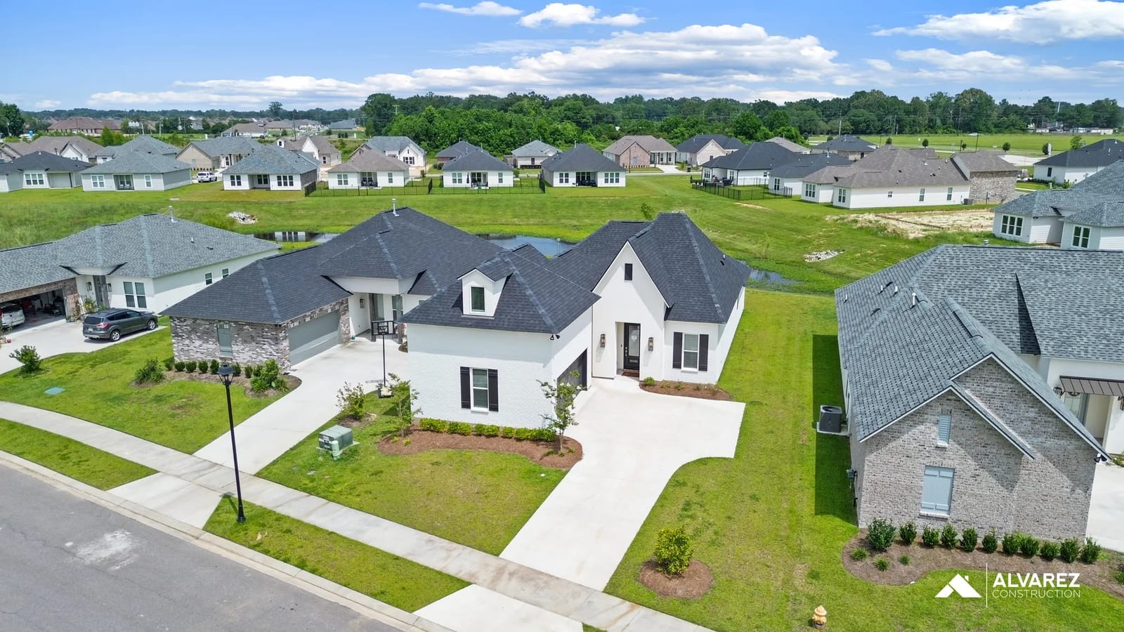 Aerial view of new single-family homes in the Cheval Trails community in Zachary, Louisiana